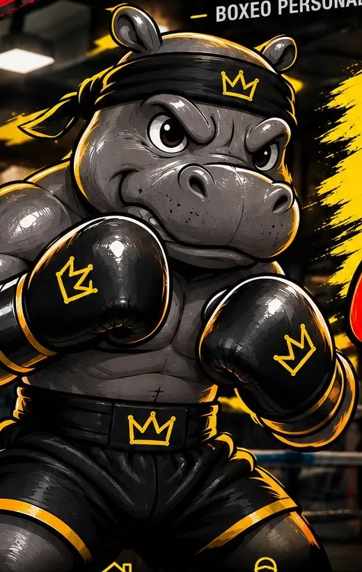 Hipopótamo boxeador en guardia, mascota de Elite Boxing Home
